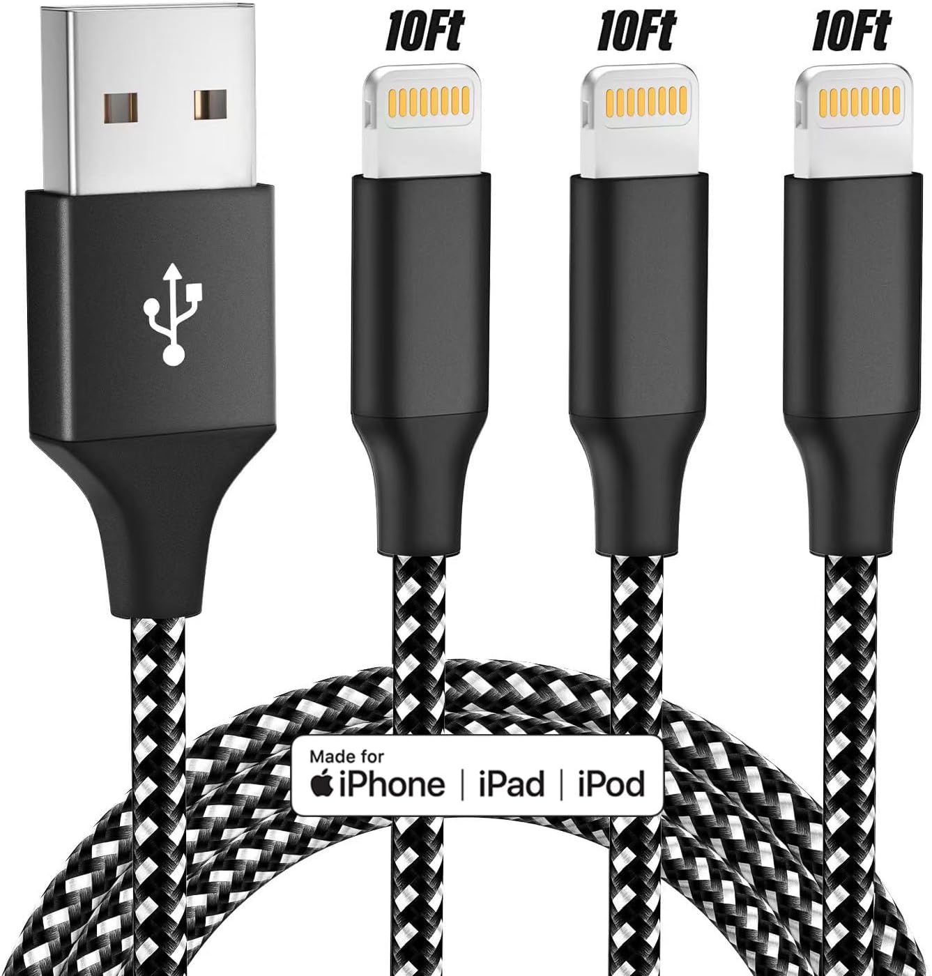 iPhone Charger [Apple MFi Certified] 3Pack 10FT Lightning Cable Fast Charging Cord Nylon Braided ... | Amazon (US)