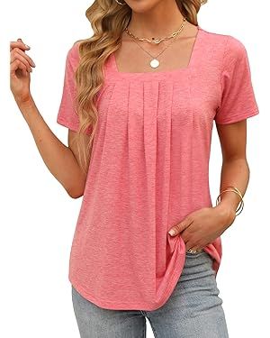 Womens Summer Tops Short Sleeve Shirts Square Neck Tshirts Ladies Blouses Dressy Casual Clothes S... | Amazon (US)