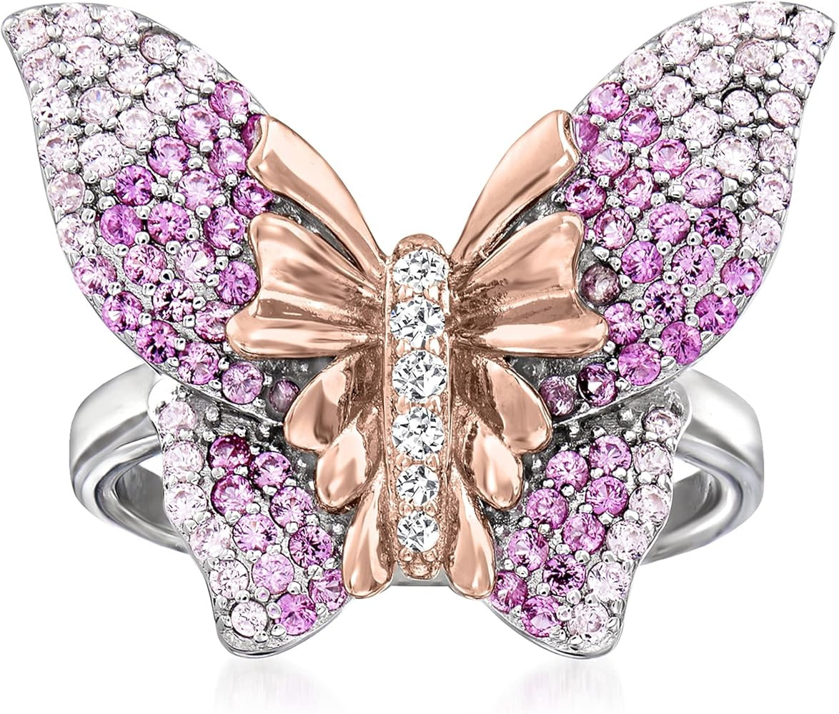 Ross-Simons 0.80 ct. t.w. Simulated Pink Sapphire Butterfly Ring With CZ Accents in 2-Tone Sterli... | Amazon (US)