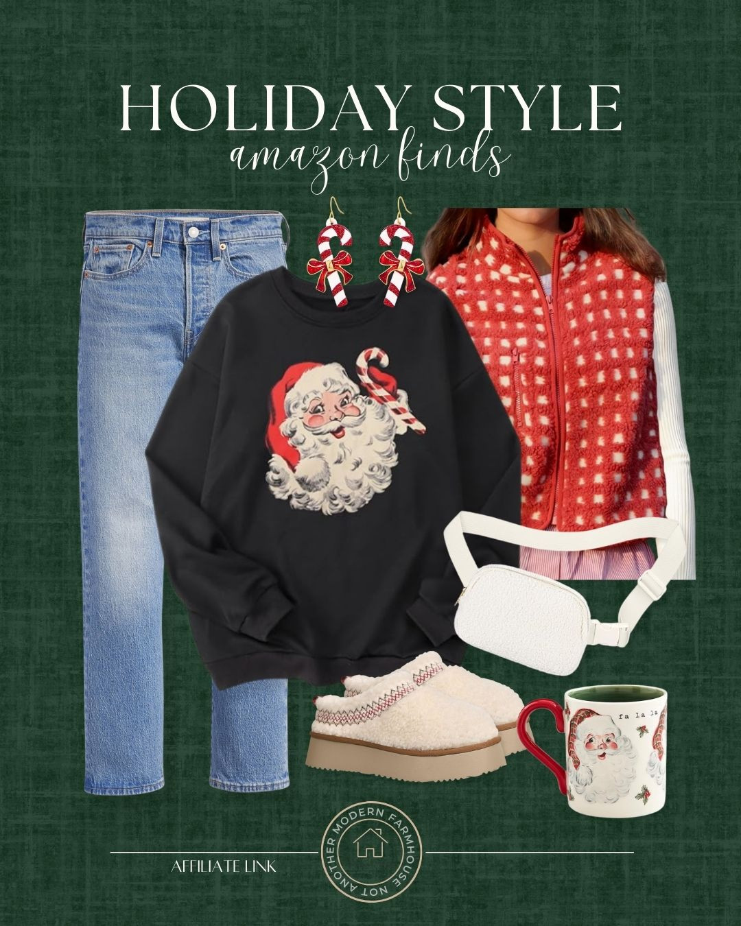 Fun & festive holiday look from Amazon. 🎄 Cozy slippers, comfy holiday graphic sweater, skinny jeans, winter cropped red vest, casual style, fun earrings, Christmas outfit, santa sweater, candy cane earrings, affordable styled look, Amazon fashion.
 

 #LTKHoliday #LTKootd #LTKFindsUnder50