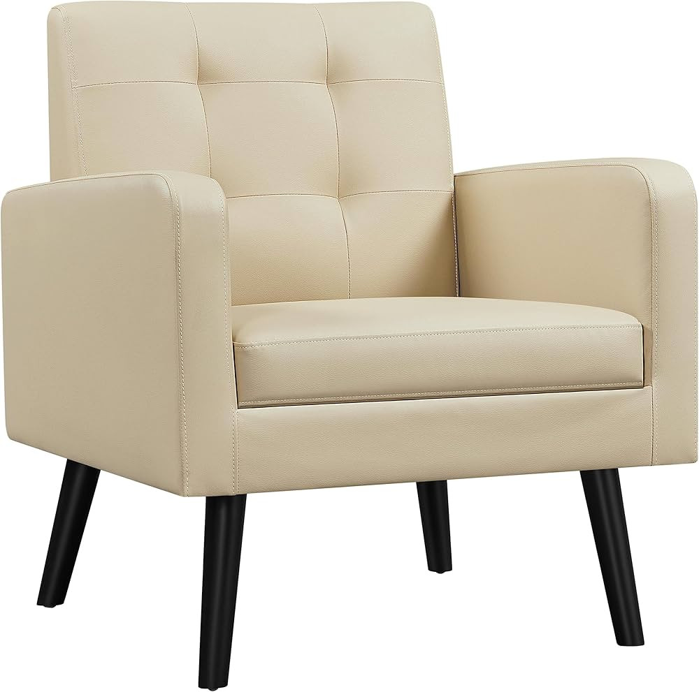 Yaheetech Beige Bedroom Accent Chair | PU Leather | Mid-Century, Modern | Upholstered, Button Tuf... | Amazon (US)
