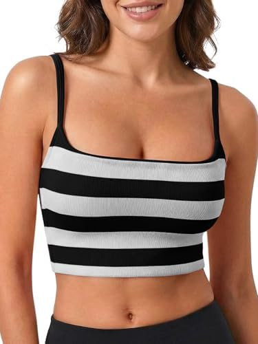 Aoysky Womens Striped Square Neck Sports Bra Ribbed Workout Yoga Camisole | Spaghetti Straps, Rib... | Amazon (US)