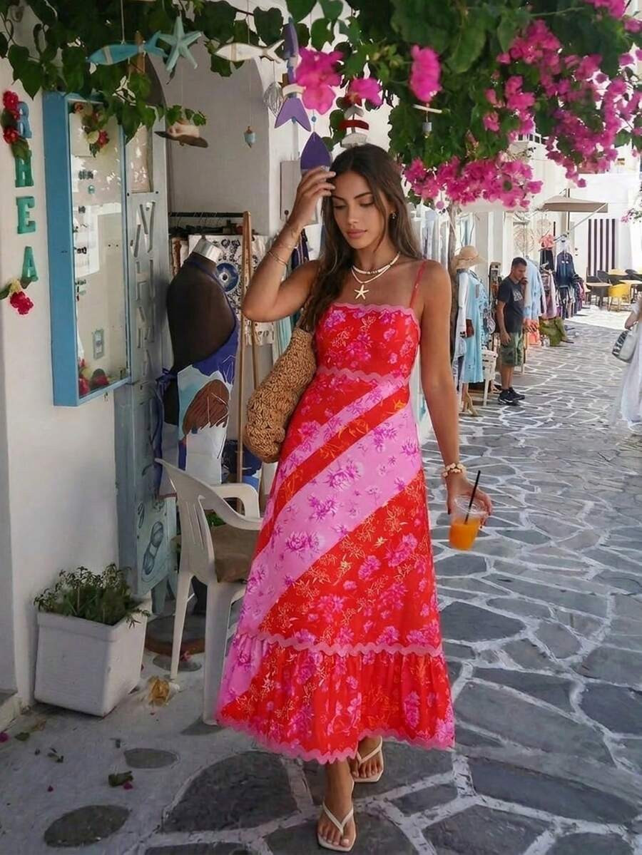 Vivid Eden Women's Red Floral Boho Maxi Dress,Summer Beach Vacation Holiday,Spaghetti Strap V Nec... | SHEIN