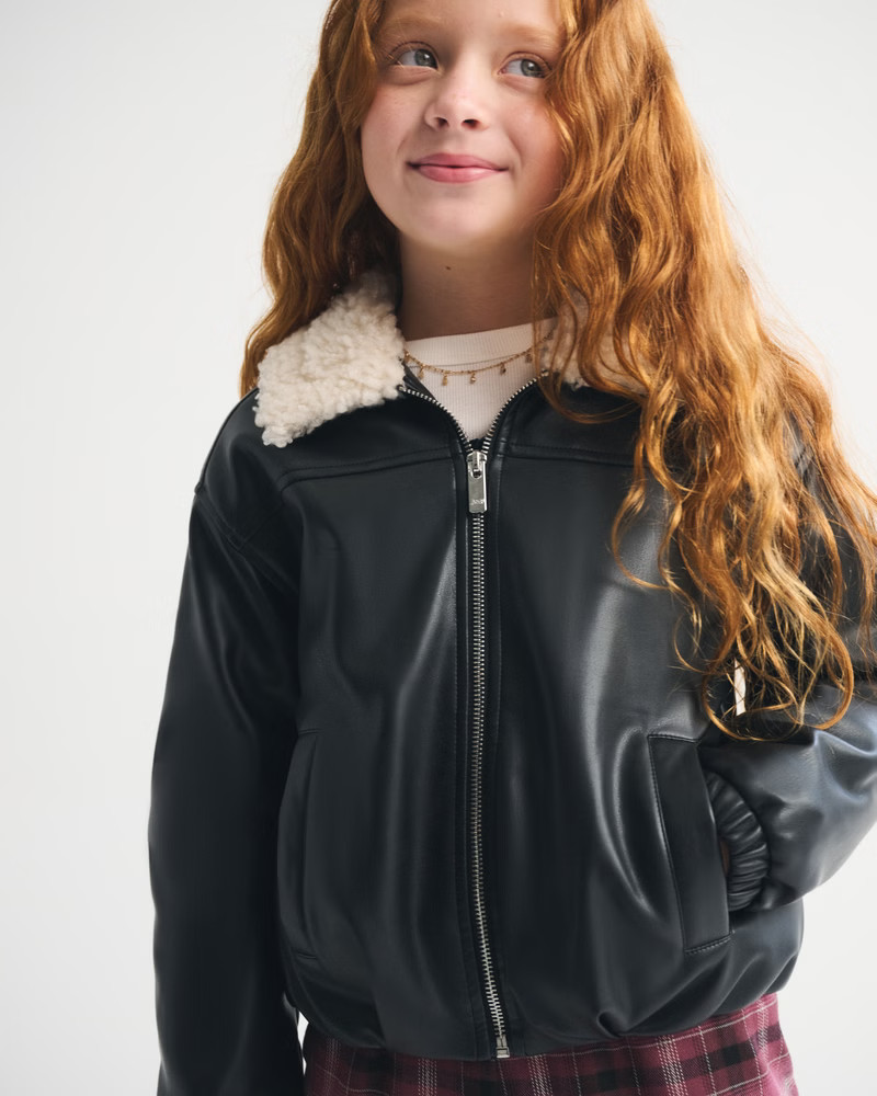 girls faux fur-lined vegan leather bomber jacket | girls coats & jackets | Abercrombie.com | Abercrombie & Fitch (US)