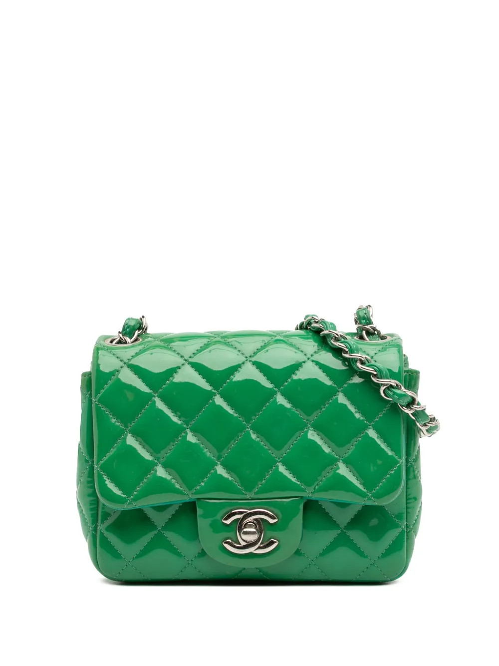CHANEL Pre-Owned 2012 Mini Square Classic Patent Single Flap crossbody bag - Green | Farfetch Global
