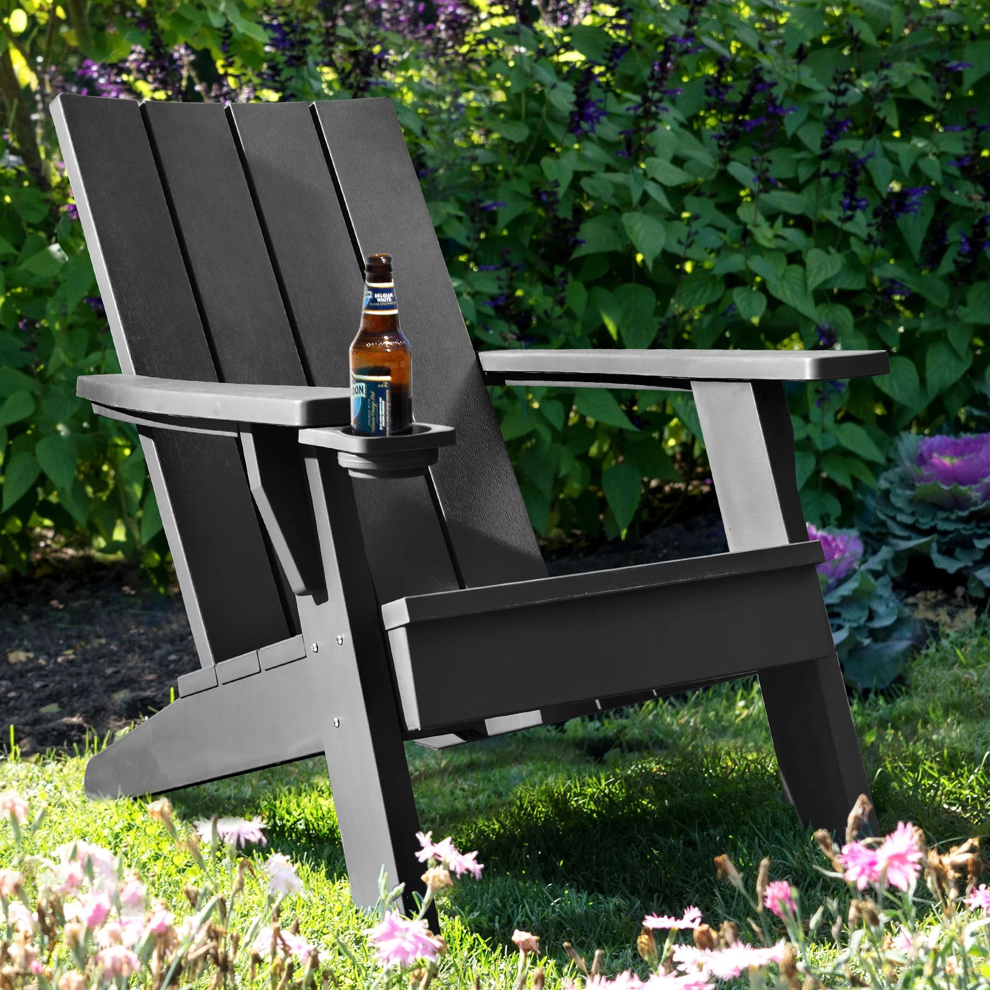 KUTIME | Resin Plastic Adirondack Chair Patio Outdoor Plastic Resin Chair with Cup Holder - Black | Walmart (US)