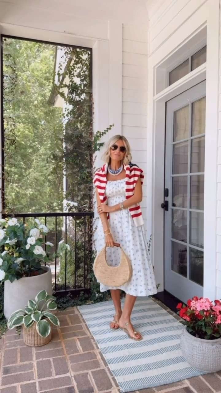 This dress is an Amazon find! 👏🏼 It reminds me of another brand at a much higher price point! I love the floral print, & I just draped this Americana flag sweater over my shoulders! Wearing S!

Loverly Grey, Amazon, midi dress, floral dress, July 4th outfit inspo, summer dress, statement necklace 

 #LTKSeasonal