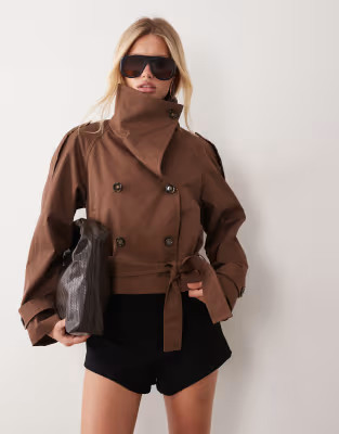 Mango cropped funnel neck belted trench in brown | ASOS (Global)