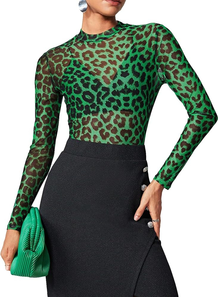 Floerns Women's Leopard Print Sheer Mesh Long Sleeve Tee Shirts Without Bra | Amazon (US)