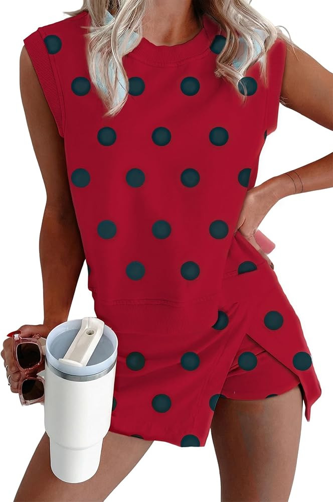 KevaMolly Womens Lounge Sets Ribbed Trim Polka Dot Print Tank Split Mini Skort 2pcs Set Sleeveles... | Amazon (US)