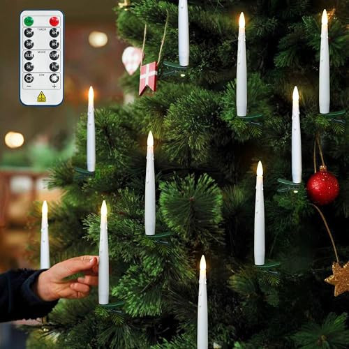 yunsheng 12Pcs Christmas Tree Candles with Remote Timer, Battery Operated LED Flameless Taper Candles Flickering for Xmas Home Wedding Decor Gift - with Green Clips | Amazon (US)