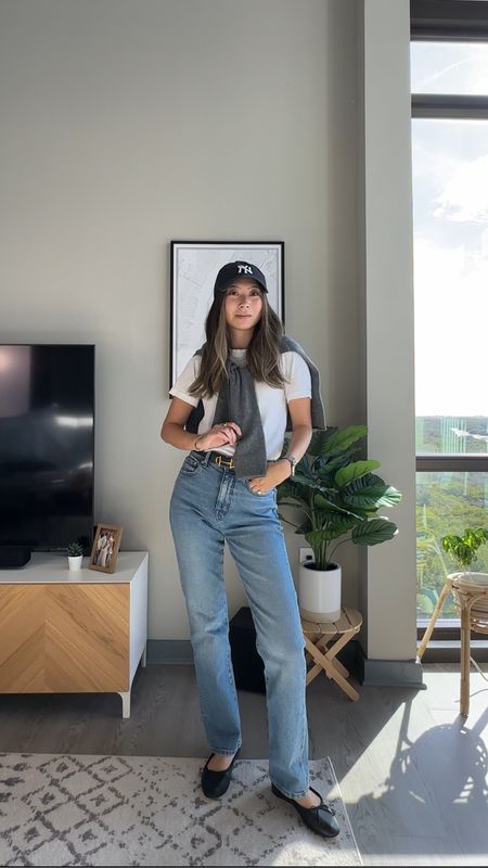 Casual chic outfit idea // gray cashmere sweater, white tee, black belt, straight leg jeans, black ballet flats, yankee hat // everyday style, Parisian chic, French style,

#LTKfindsunder50 #LTKstyletip #LTKfindsunder100