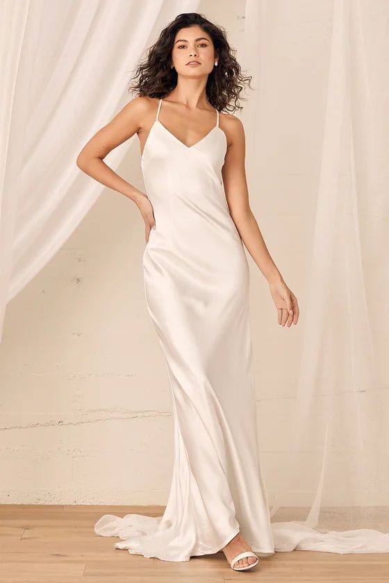 Always My Love White Satin V-Neck Maxi Dress | Lulus (US)