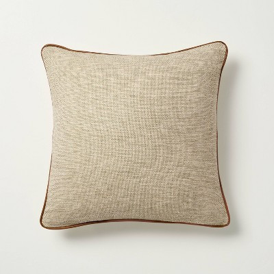 18"x18" Tweed with Faux Leather Trim Square Toss Pillow Green - Hearth & Hand™ with Magnolia | Target