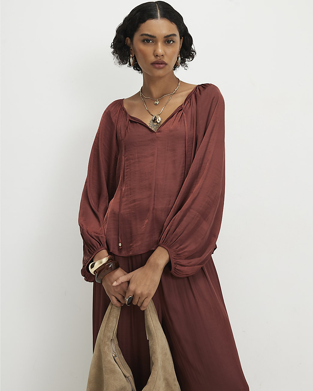 Brown Satin Notch Neck Top | River Island UK & IE