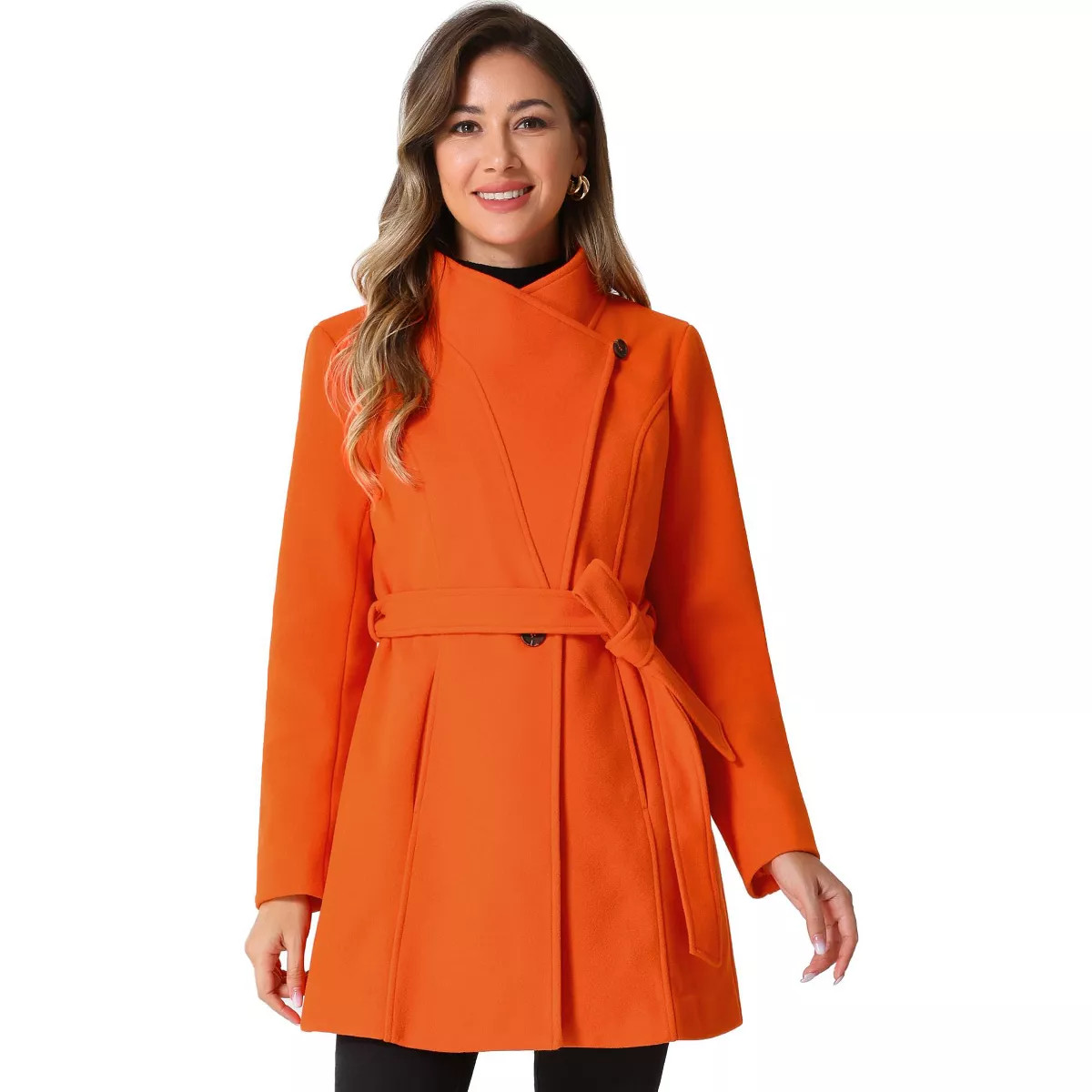INSPIRE CHIC Women's Classic Stand Collar Long Sleeve Winter Belted Long Coat Orange Large | Target