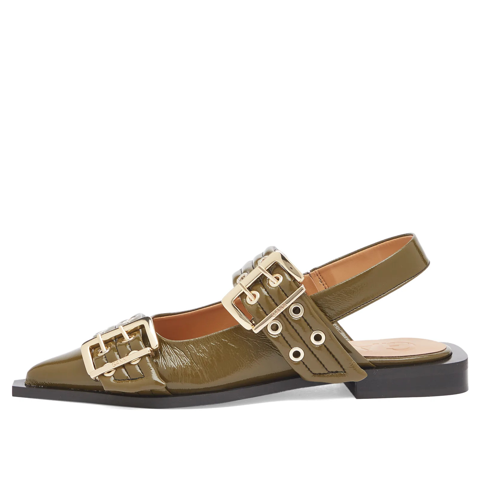 GANNI Women's Naplack Feminine Buckle Ballerina in Military Olive, Size EU 37 | END. Clothing