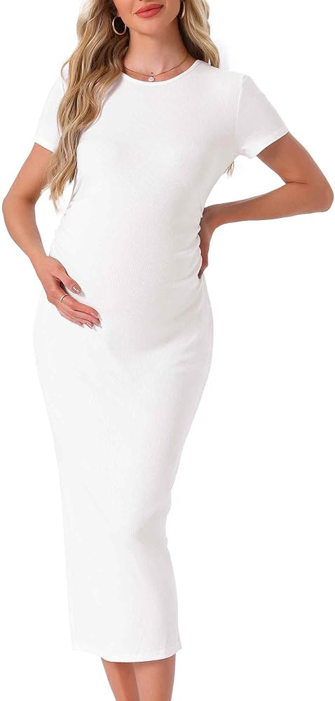 Womens Maternity Dress Bodycon Midi Side Ruched Ribbed Wedding Guest Cocktail Pregnancy Dresses P... | Amazon (US)