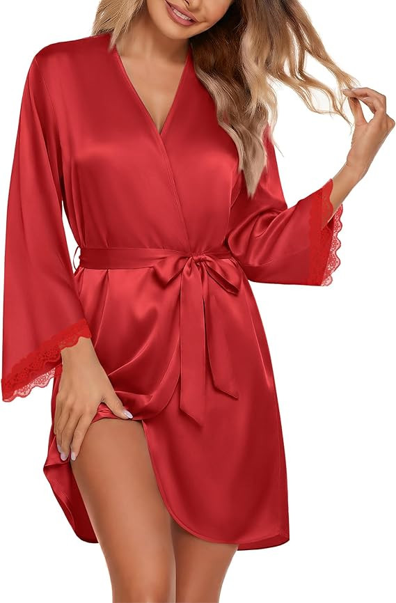 Ekouaer Silk Robe for Women Short Satin Robe 3/4 Sleeves Lace Trim Kimono Bathrobe Sexy Bride Bri... | Amazon (US)