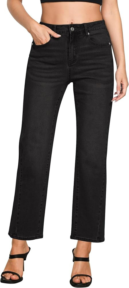 GRAPENT Straight Leg Jeans for Women High Waisted Trendy Ankle Length Forward Seams Stretchy Deni... | Amazon (US)