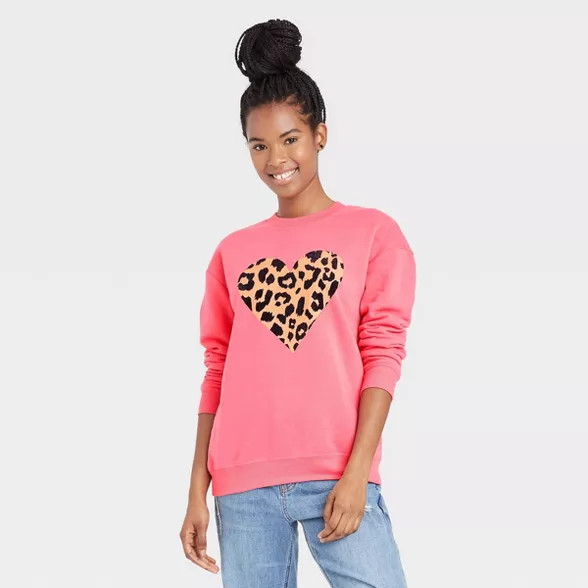 Women's Leopard Print Heart Graphic Sweatshirt - Rose | Target