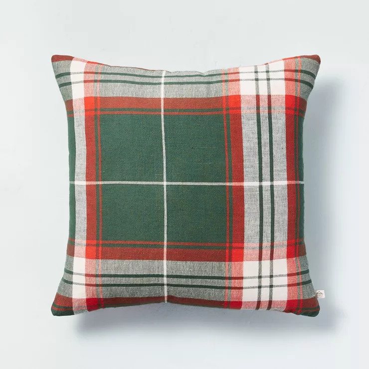 18"x18" Holiday Plaid Square Throw Pillow Green/Red/Cream - Hearth & Hand™ with Magnolia | Target