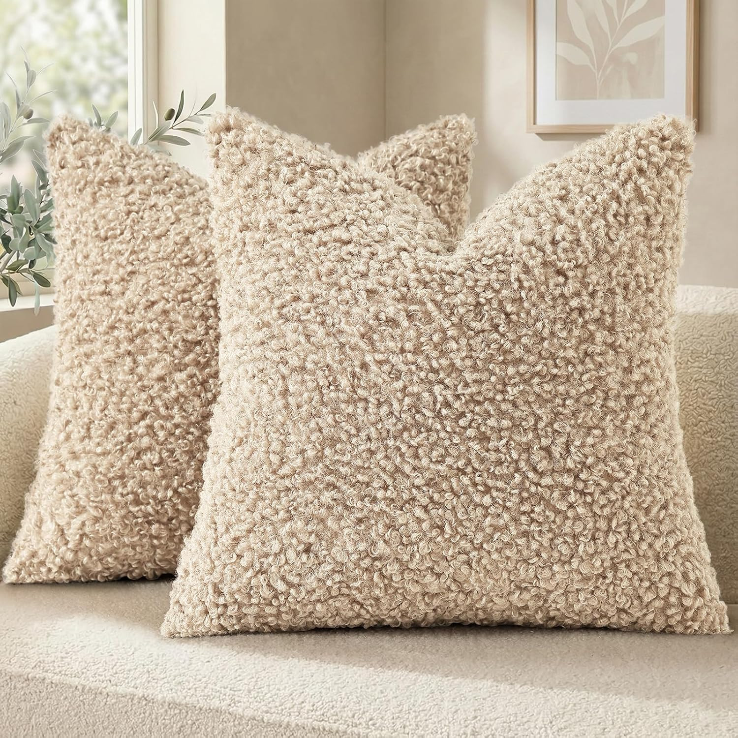 decorUhome Sherpa Throw Pillow Covers 20x20 Set of 2 Neutral Oatmeal | Amazon (US)