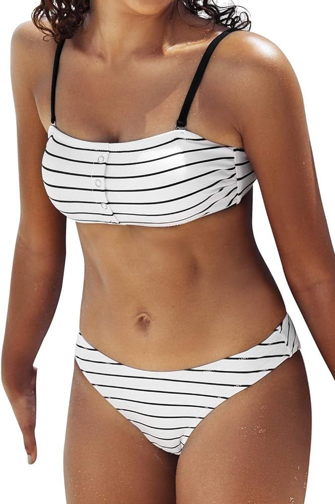 CUPSHE Women's White Striped High Leg Bandeau Buttons Bikini Sets | Amazon (US)