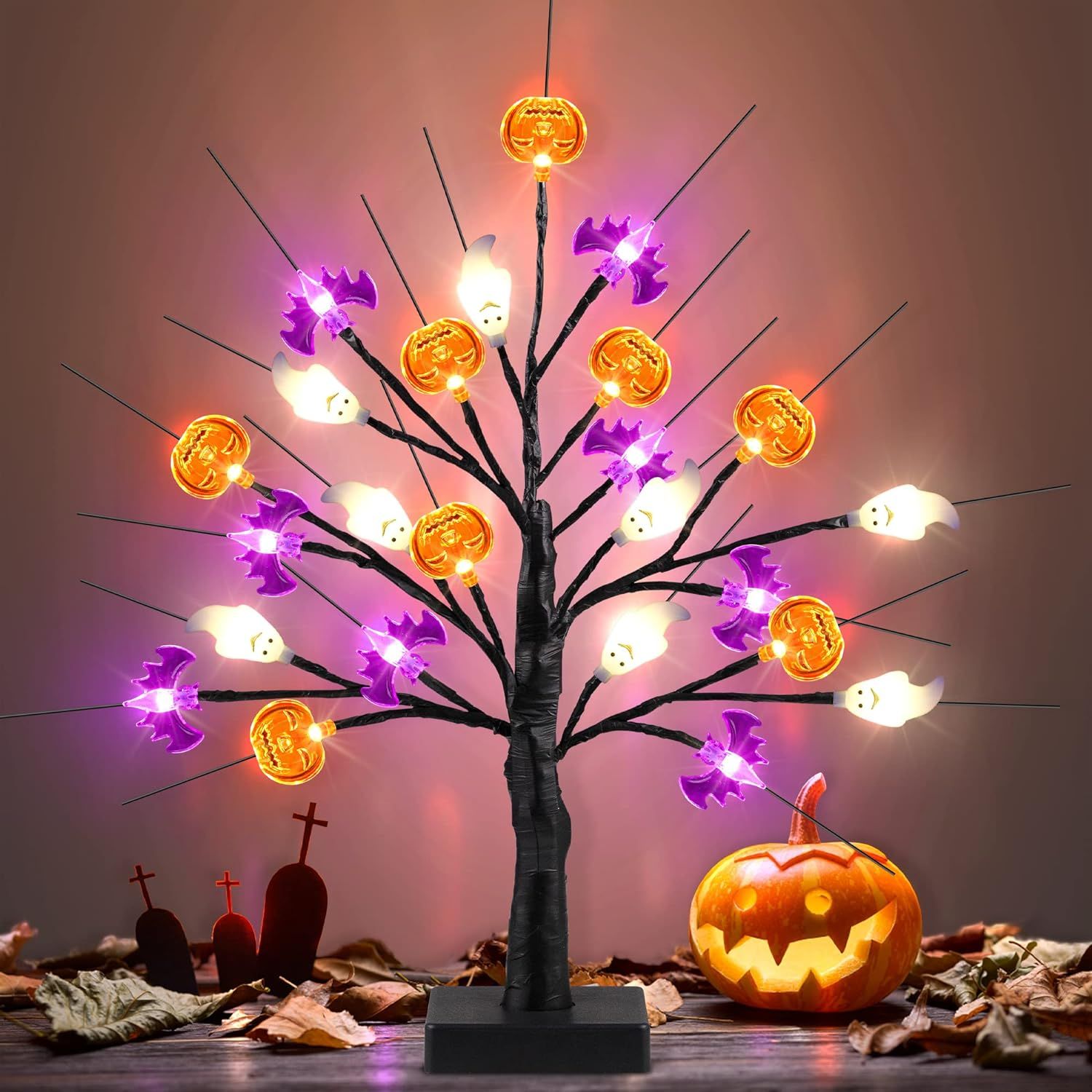 Amazon.com: Mosoan 18 Inch Black Halloween Tree Light with 24 LED Pumpkin Bat Ghost Lights, USB/B... | Amazon (US)