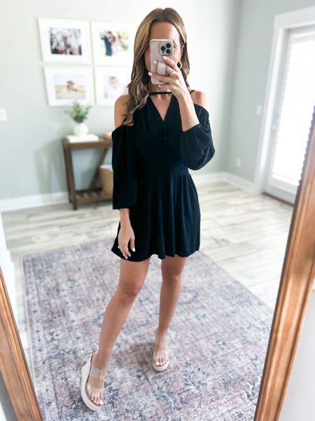 Vacation outfit. Spring outfit. Spring dress. Resort wear. Old Navy vacation dress (XSP). Little black dress. Cruise outfit. Honeymoon outfit. Bachelorette party. Amazon clear wedges. 

#LTKtravel #LTKshoecrush #LTKU
