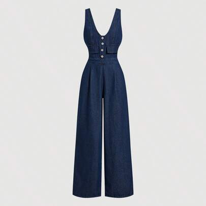 Women's Denim Bib Overall And Jumpsuit, Casual Fitted Sleeveless Blue,Summer Outfits For Women,90s Clothes,Business Casual Woman,Going Out Outfits,Old | SHEIN
