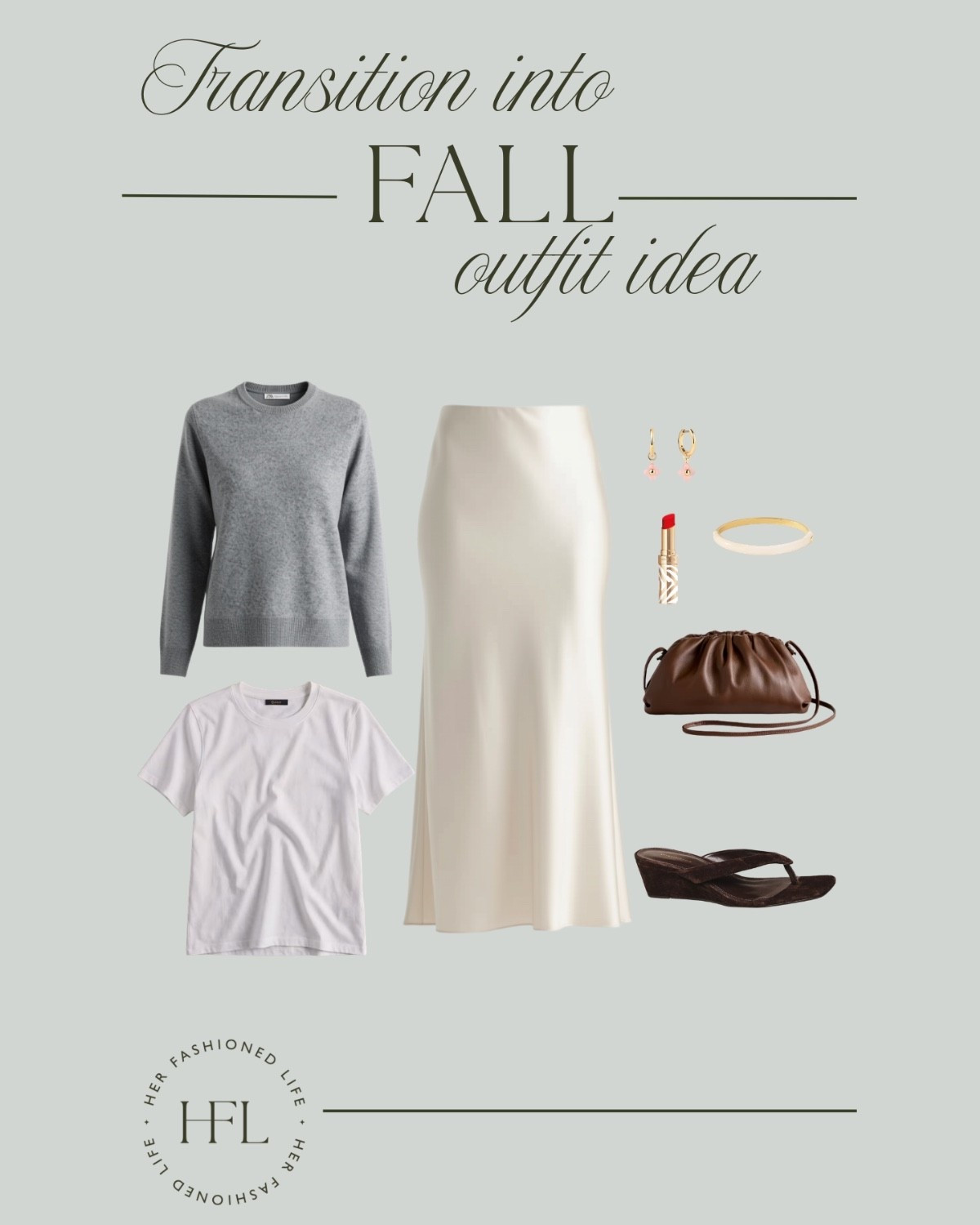A cream skirt and soft grey sweater, proof that fall dressing doesn't have to mean giving up light colors just yet. #falloutfit #transitionalstyle #fallstyle #ltkstyle #LTKootd

#LTKOver40 #LTKootd