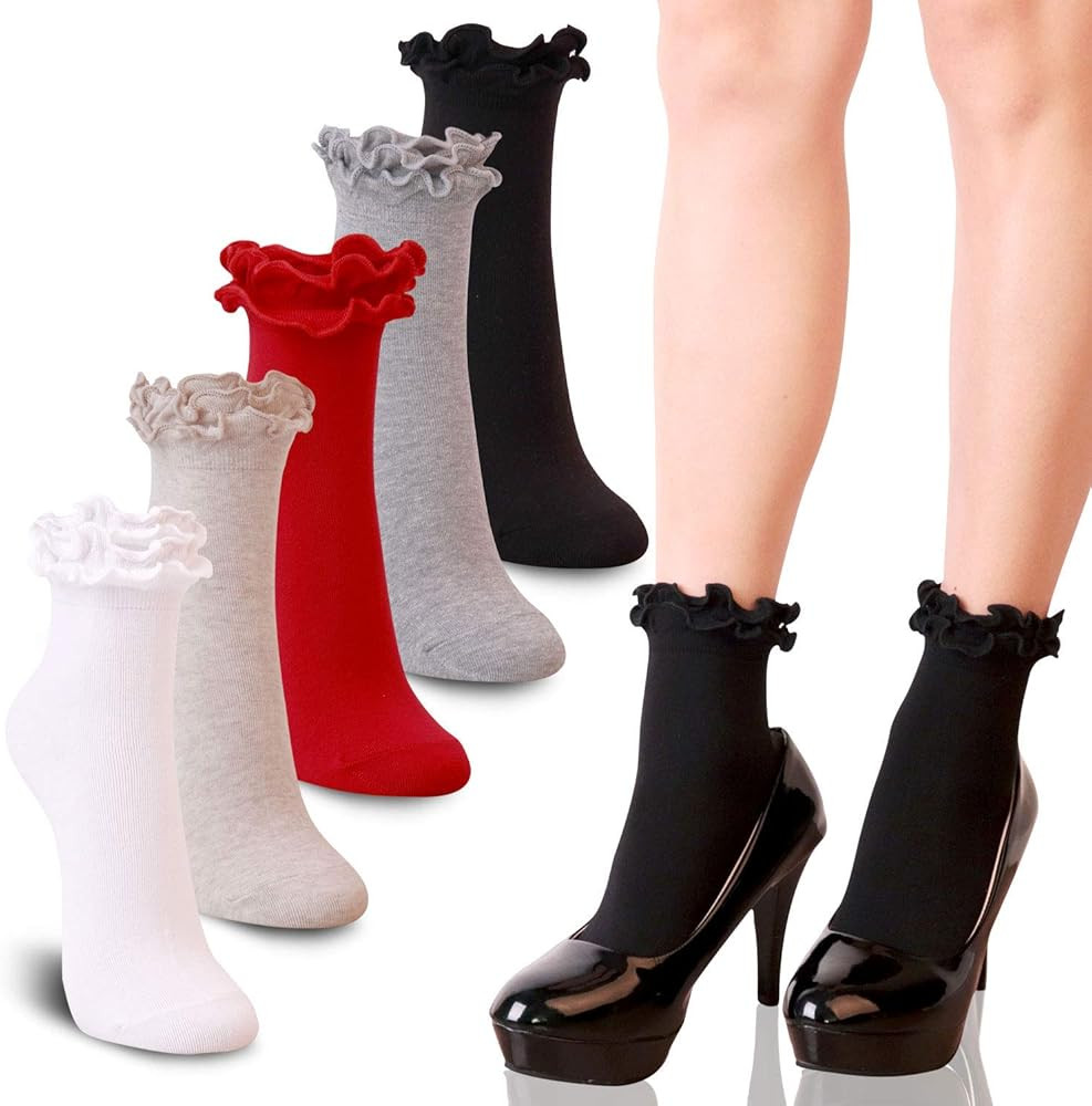 Youneedthat Women's Double Ruffle Frilly Ankle, Crew Socks Cotton Lettuce Lace Trim Big Girls (Pa... | Amazon (US)