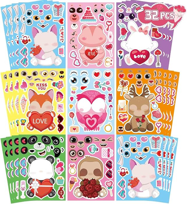 32 Sheets Valentine Stickers for Kids, Valentine' s Day Make a Face Stickers, Make Your Own Valen... | Amazon (US)