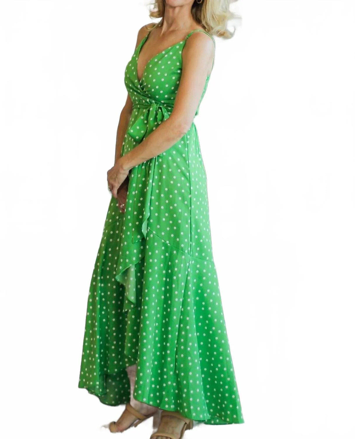 Adjustable Strap Tie Waist Dot Print Long Wrap Dress In Green | Shop Simon