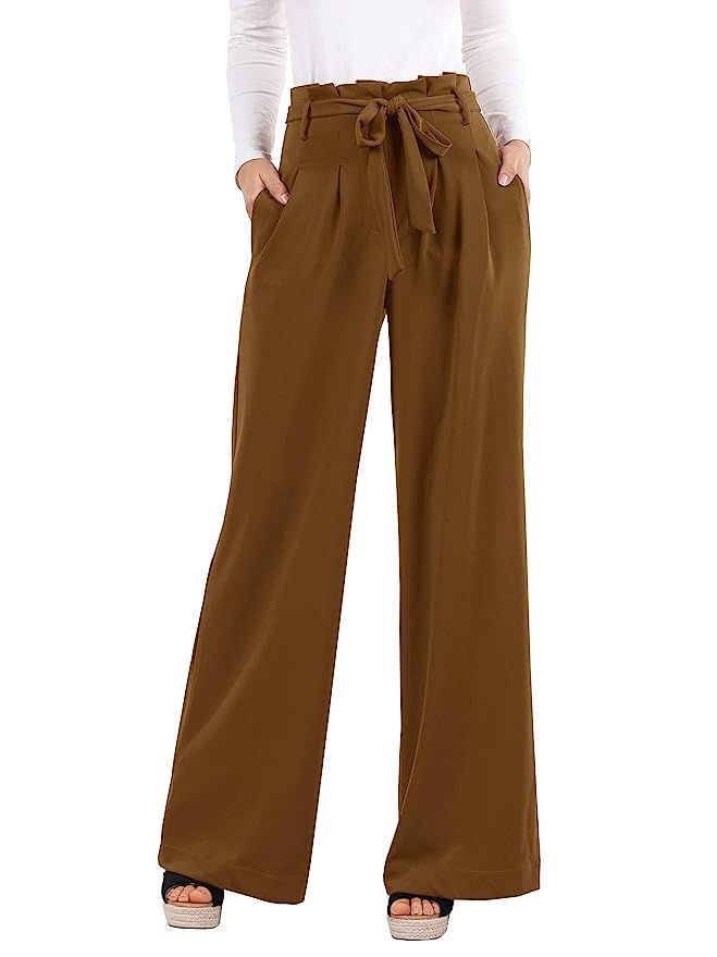 Geckatte Womens Palazzo Wide Leg Pants High Waist Casual Loose Flowy Pants with Belt | Amazon (US)