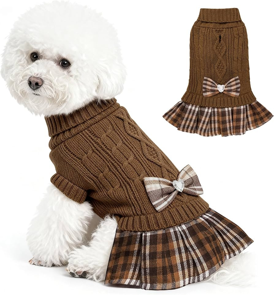 WOYYHO Girl Dog Sweater Dress with Bowtie Turtleneck Small Dogs Sweater with Leash Hole, Knitted ... | Amazon (US)