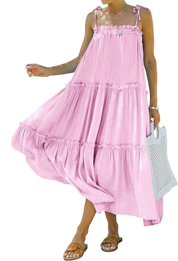 BTFBM Women's Summer Adjustable Spaghetti Strap Sleeveless Dresses Casual Loose Tiered Ruffle Cam... | Amazon (US)