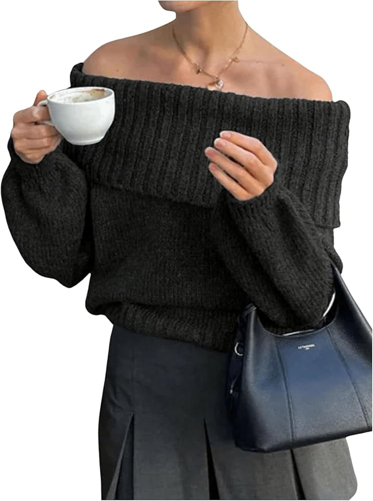Floerns Women's Off Shoulder Sweater Long Bishop Sleeve Foldover Knitted Pullover Sweaters | Amazon (US)