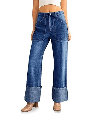 PLNOTME Womens Baggy Cuffed Jeans Casual Straight Leg Boyfriend Denim Pants with Pockets | Amazon (US)