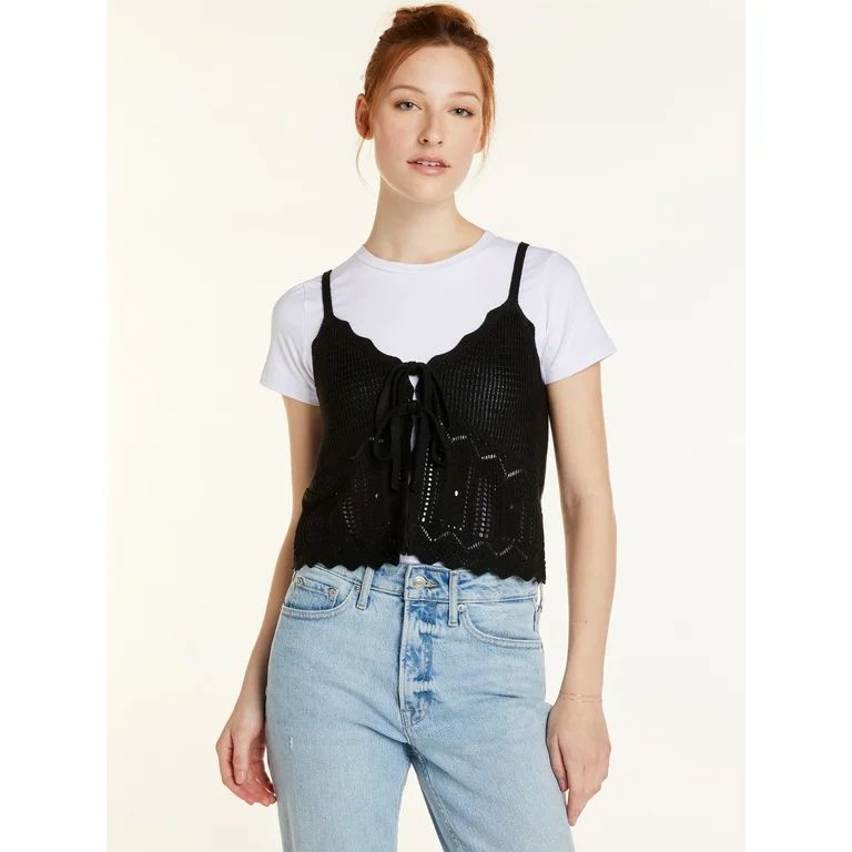 No Boundaries Juniors’ Tie Front Crochet Vest, Sizes XS-XXXL - Walmart.com | Walmart (US)