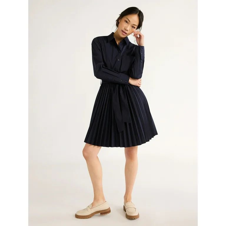 Free Assembly Women’s Pleated Mini Shirtdress with Long Sleeves, Size XS-XXL | Walmart (US)