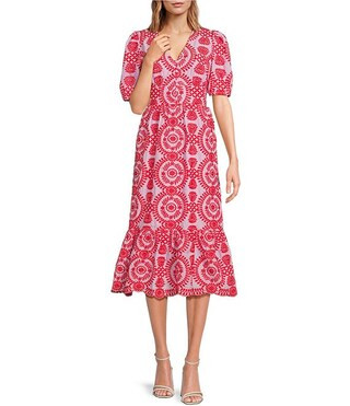 Eyelet Embroidered Puff Short Sleeve V-Neck Midi Dress | Dillard's