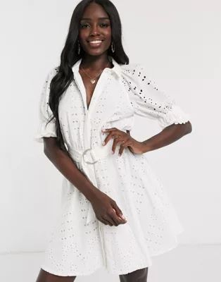 ASOS DESIGN broderie mini shirt dress with puff sleeves in white | ASOS (Global)