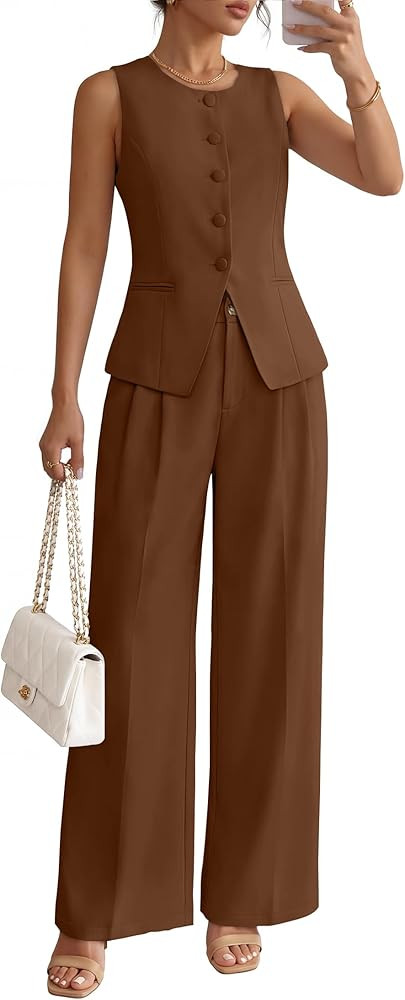 ZESICA Women's Summer 2 Piece Suit Sets 2026 Sleeveless Blazer Vest Wide Leg Pants Business Casua... | Amazon (US)