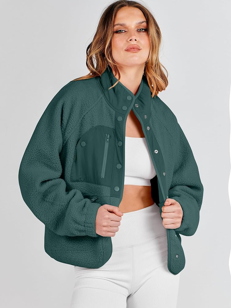 ANRABESS Womens Fuzzy Fleece Button Down Cropped Sherpa Coat | Amazon (US)