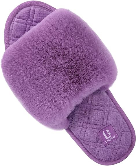 LongBay Women's Fuzzy Faux Fur Memory Foam Cozy Flat Spa Slide Slippers Comfy Open Toe Slip On Ho... | Amazon (US)