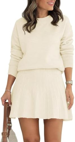 Tankaneo Womens Skirt 2 Piece Sweater Set Long Sleeve Crewneck Sweaters Pleated Mini Skirt Knit L... | Amazon (US)
