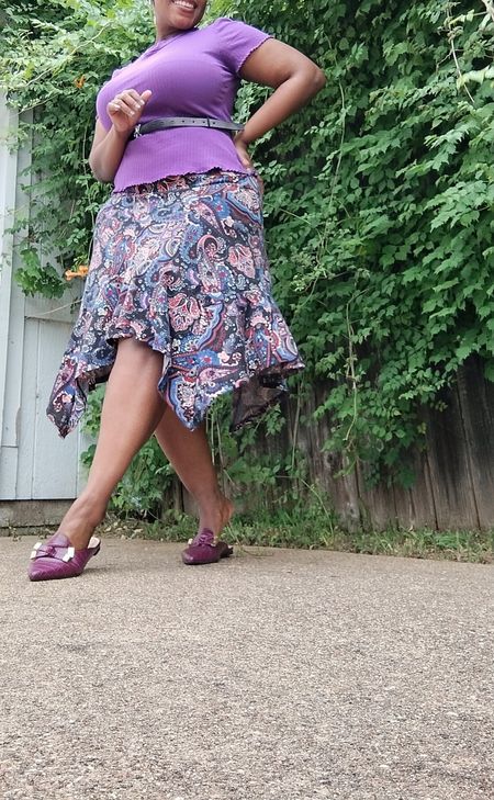 Asymmetrical skirts and lettuce tees, bring me all the 90s vibes please. Don't forget the mule flats too.💜

#LTKStyleTip #LTKMidsize #LTKSeasonal
