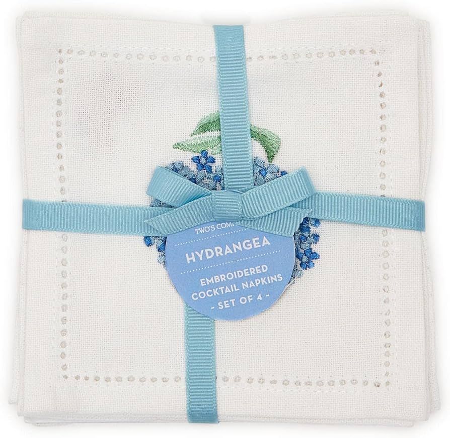 Two's Company Hydrangea Set of 6 Hemstitch Cocktail Napkins w/Hand Embroidered Details | Amazon (US)
